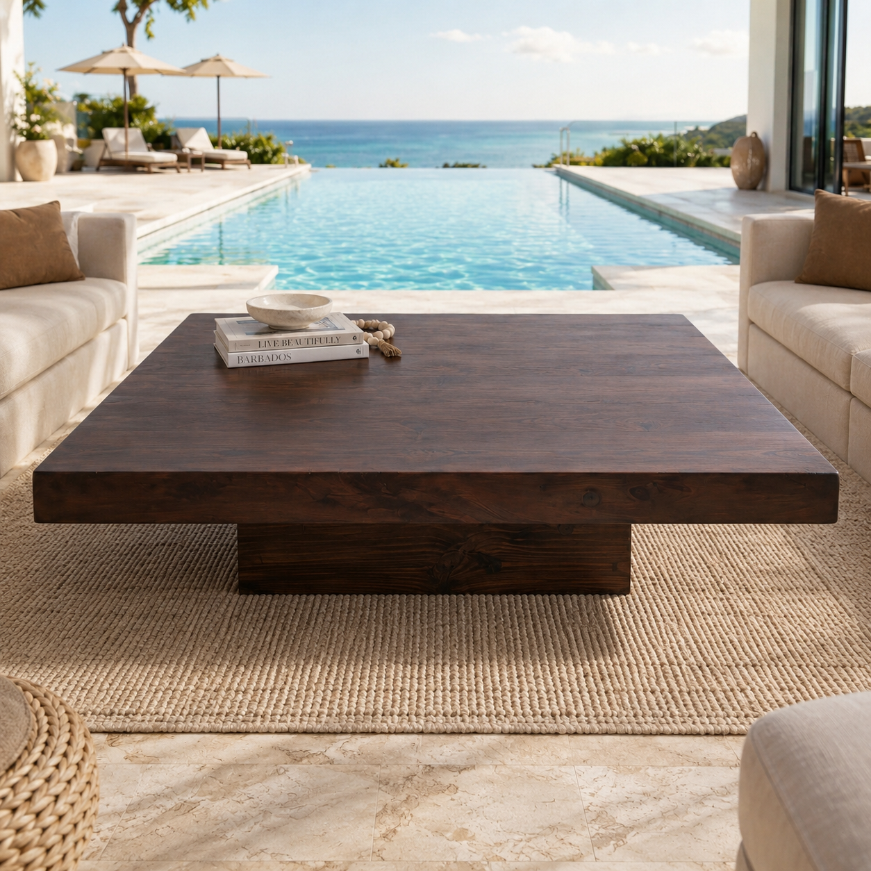 Sculptural dark wood coffee table styled in a luxury Barbados villa living space