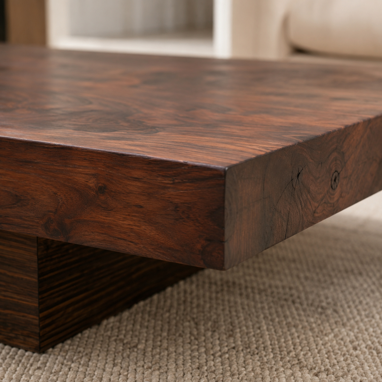 Close-up of the rich timber grain and thick edge detail on a sculptural coffee table