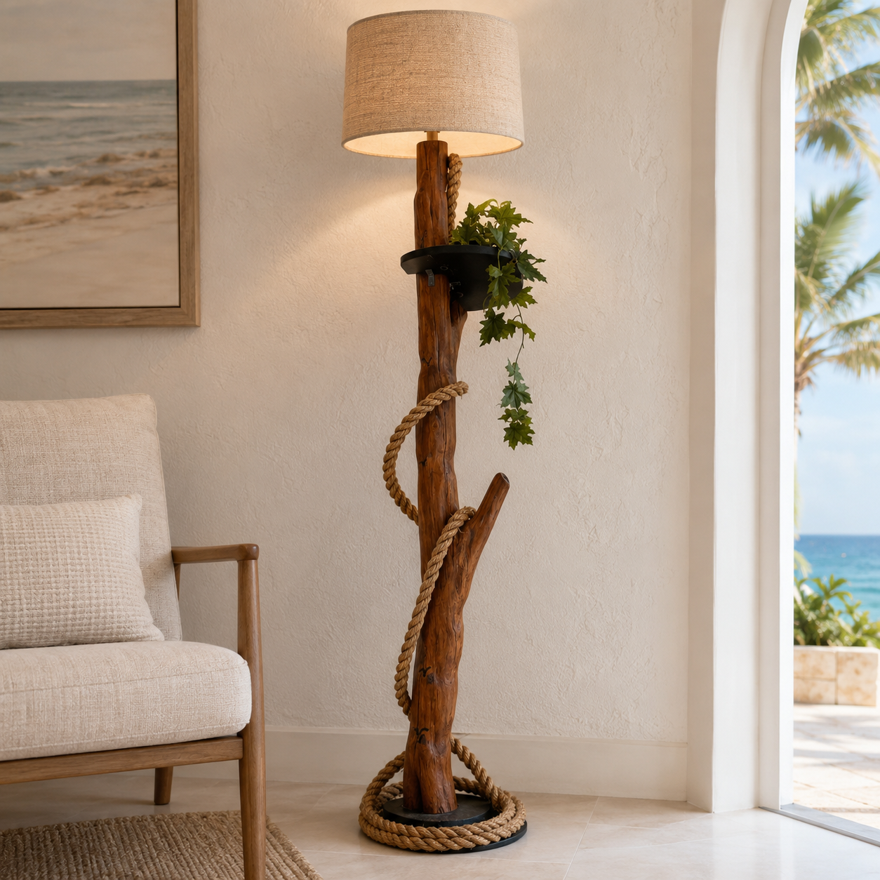 Wood and Rope Floor Lamp with Plant Shelf