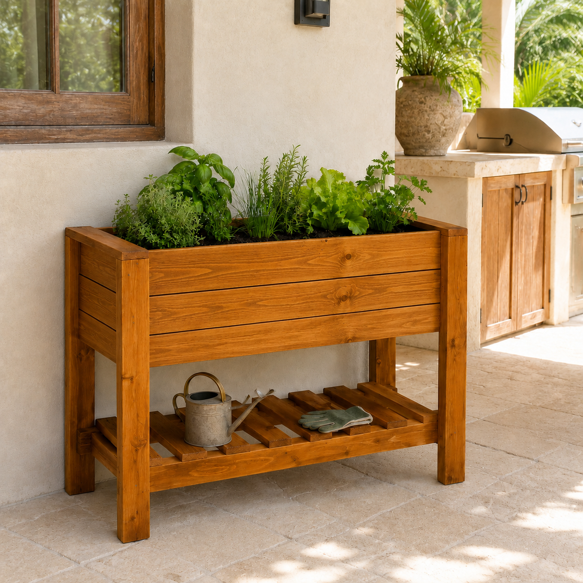 A wooden raised garden planter box with a lower shelf, filled with green herbs, set on a stone patio next to a beige stucco wall and outdoor kitchen area.