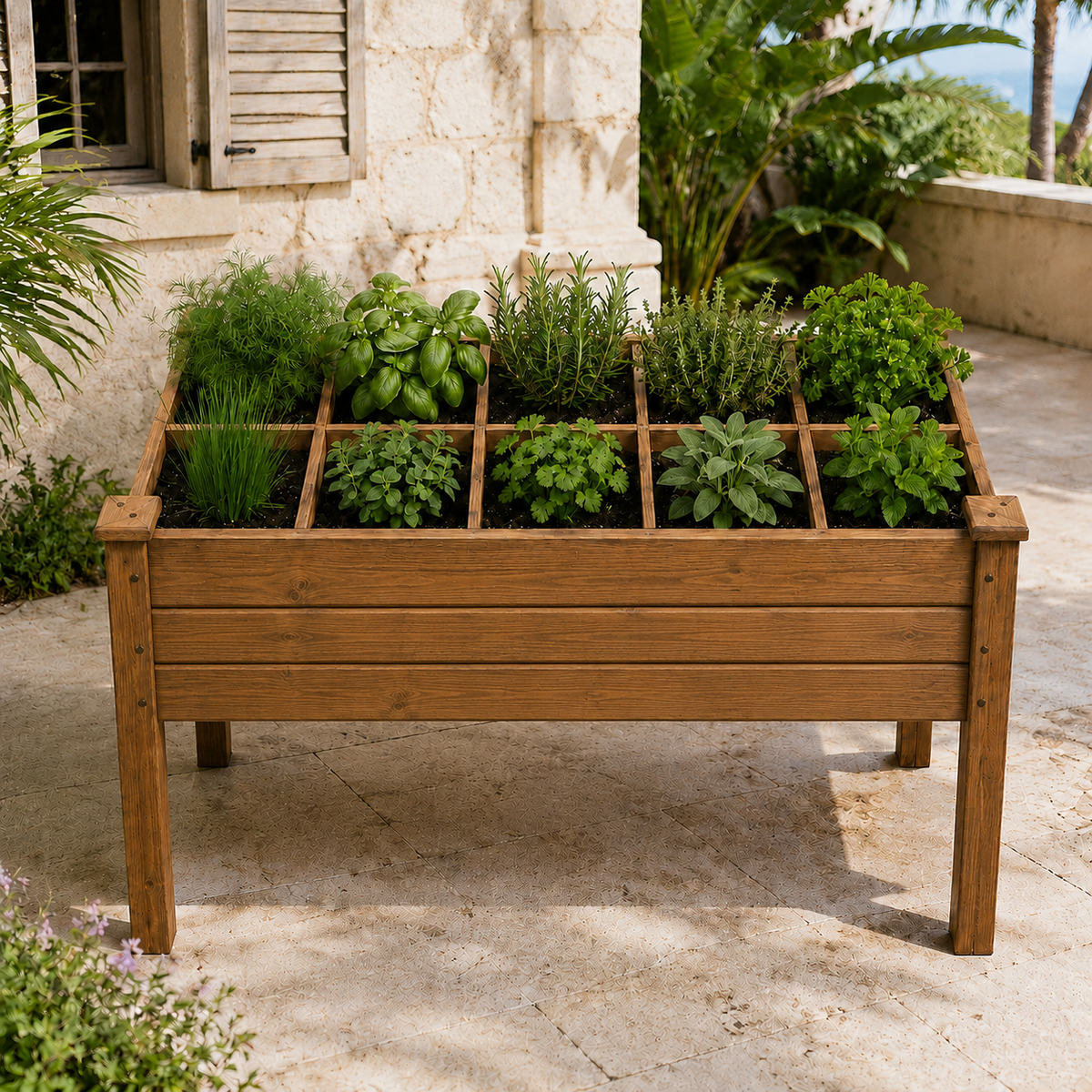 A rectangular wooden raised garden bed with a grid of compartments filled with various green herbs, placed on a stone patio in front of a light-colored stone building.