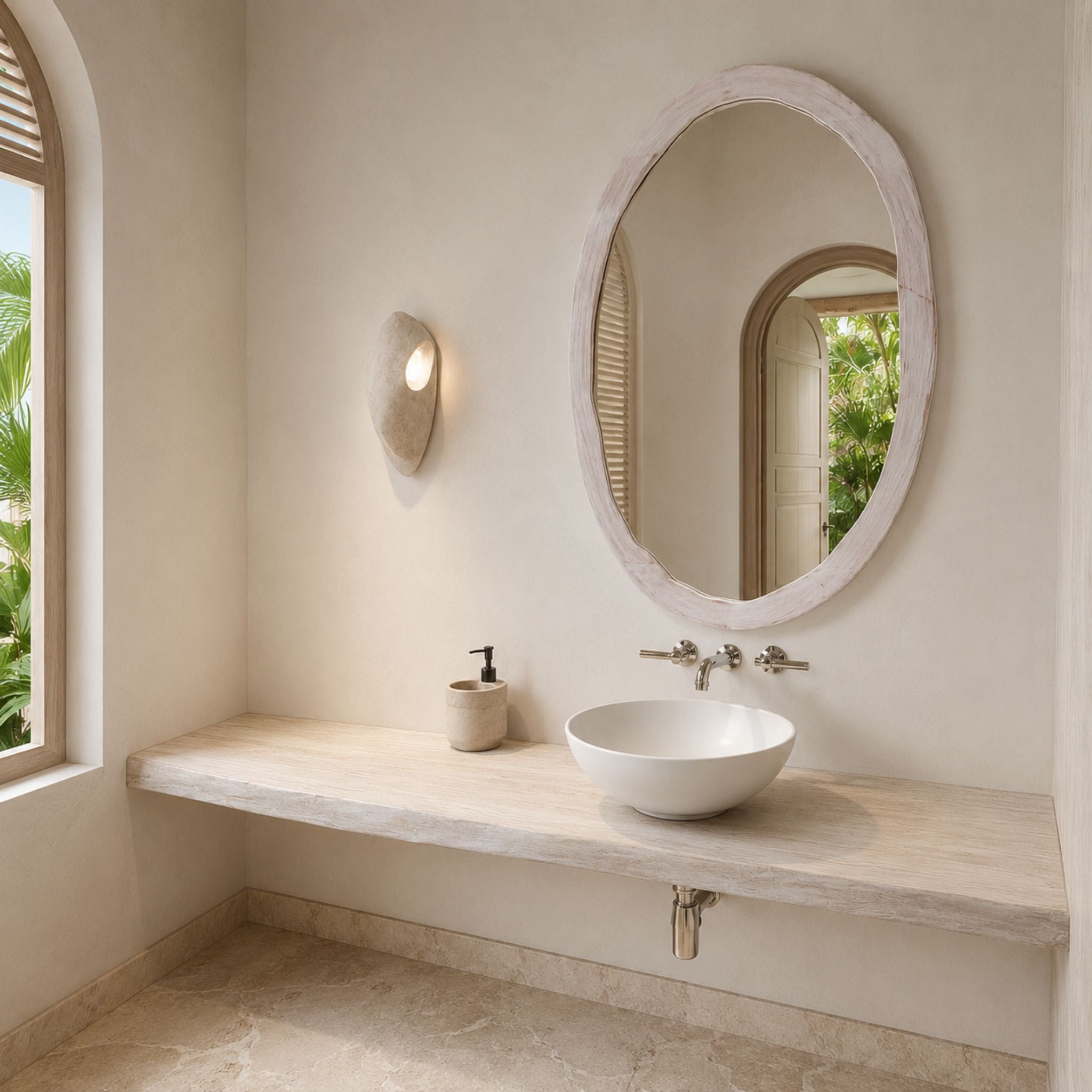 Custom Mahogany Vanity Top, Vessel Sink & Organic Oval Mirror