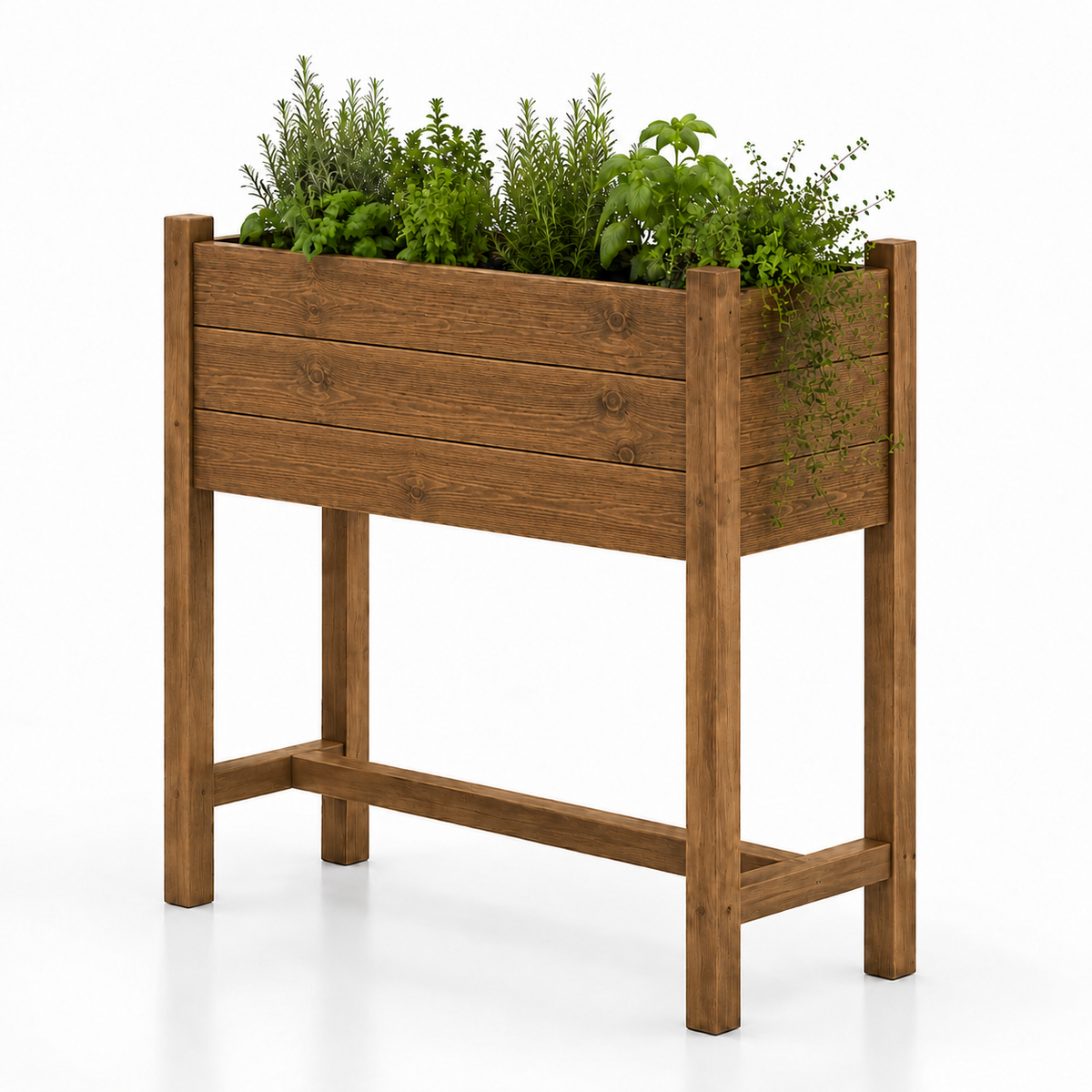 LEDGE slim raised wooden herb planter with stained frame on a white background