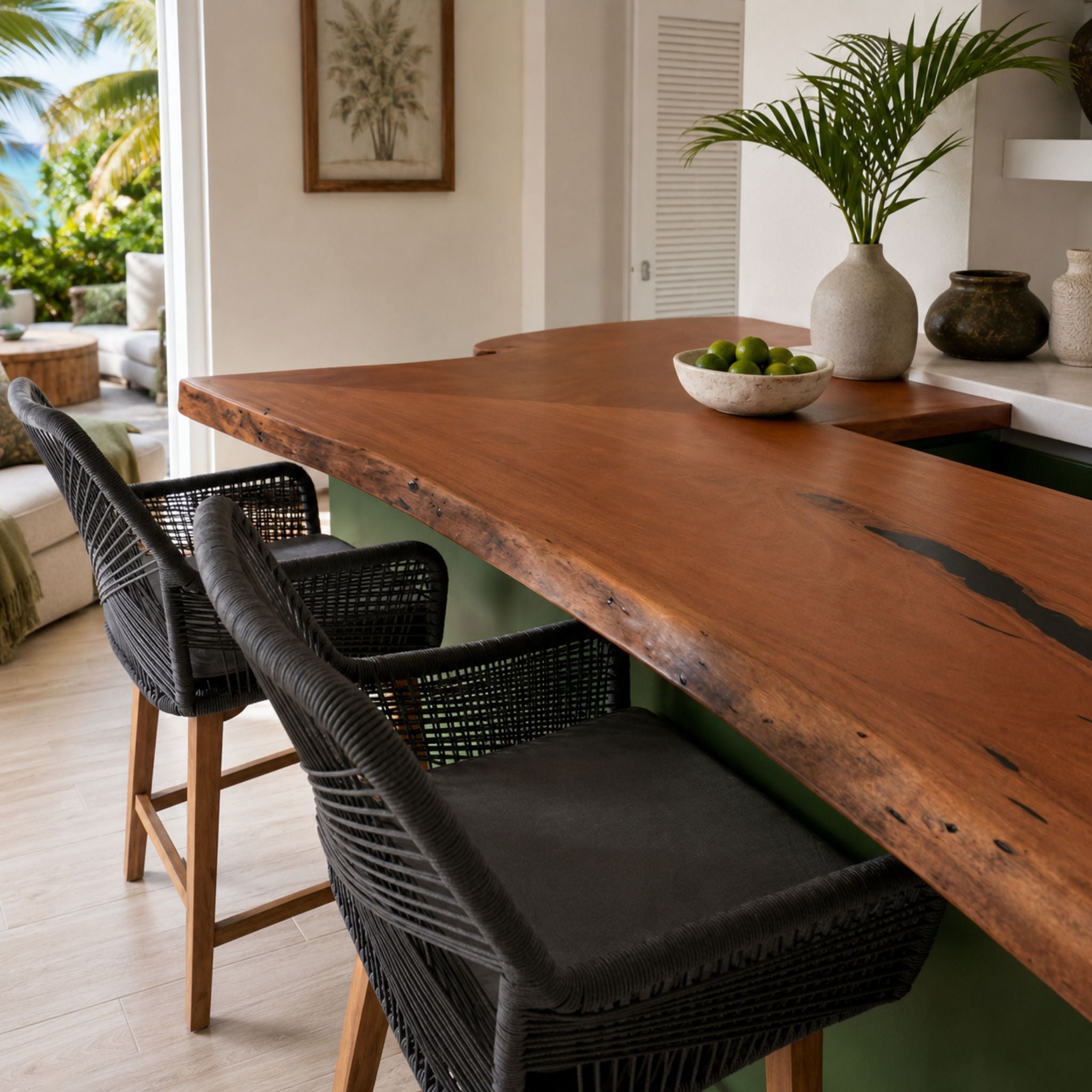 Live-edge mahogany kitchen counter styled in a luxury Barbados villa kitchen.