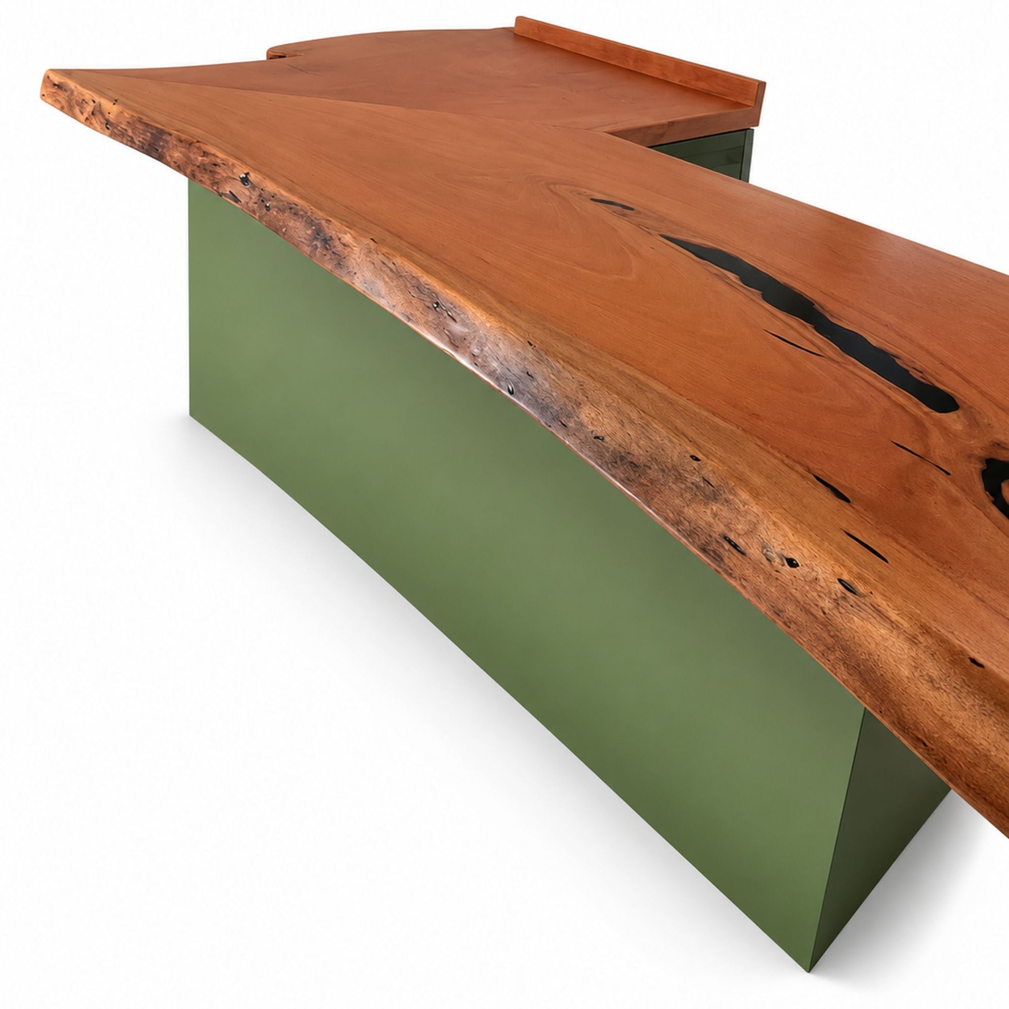 Bespoke live-edge mahogany kitchen counter handcrafted in Barbados by RJMCLEAN on a white background.