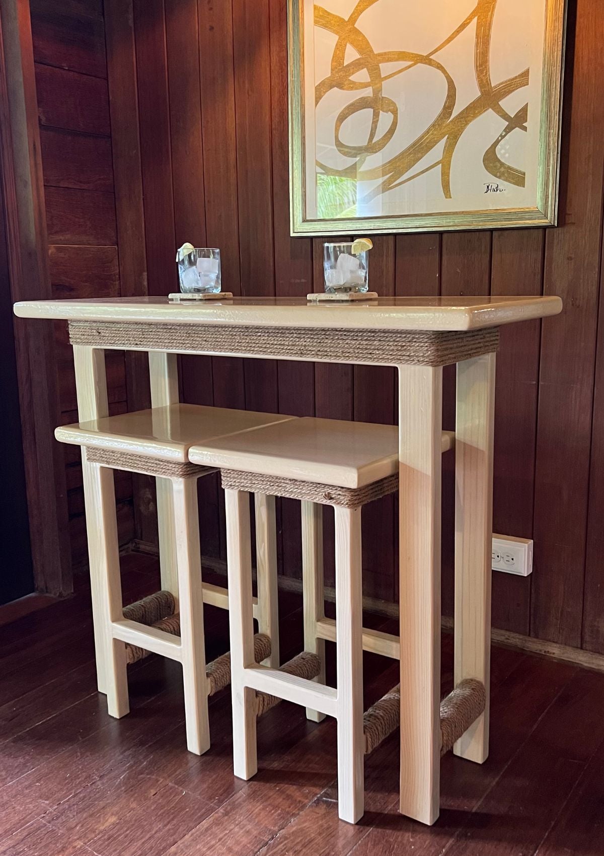 Handmade Natural Tone Bar Table and Stool Set with Twine Detail