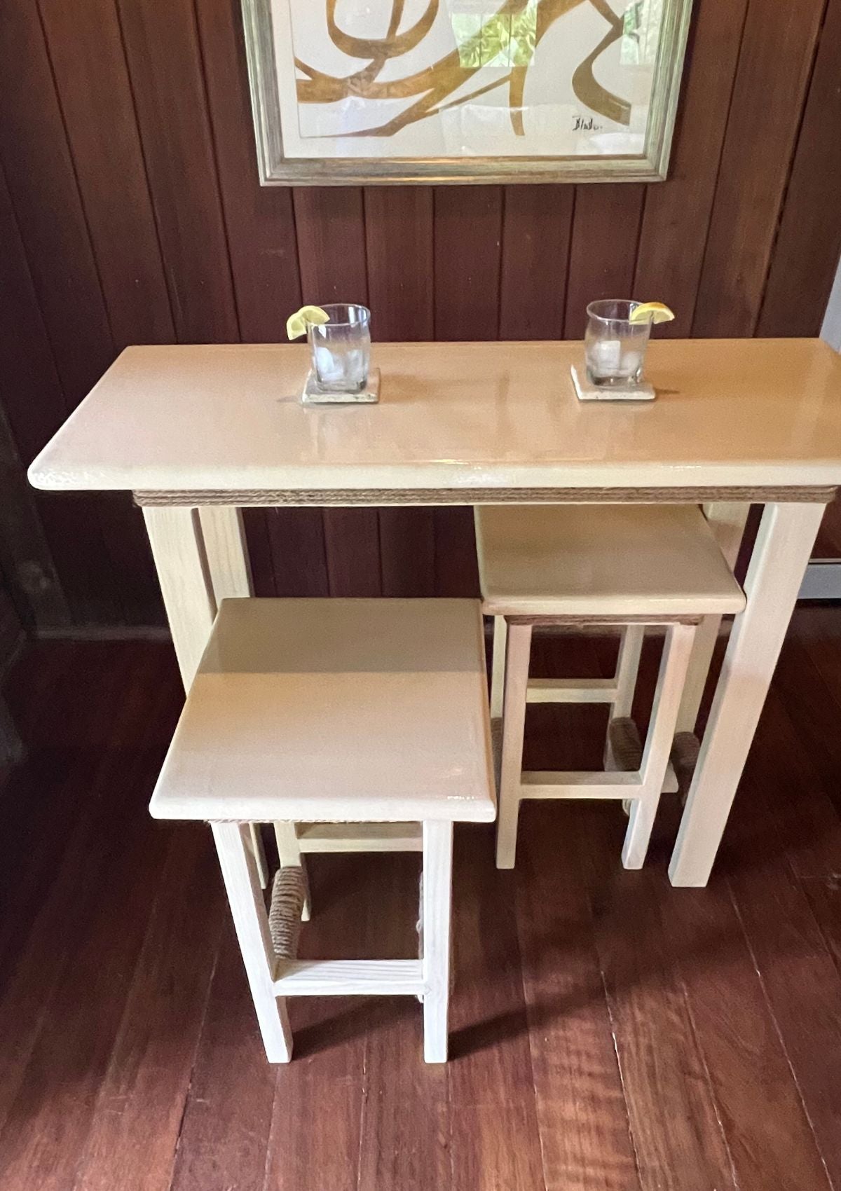 Handmade Natural Tone Bar Table and Stool Set with Twine Detail