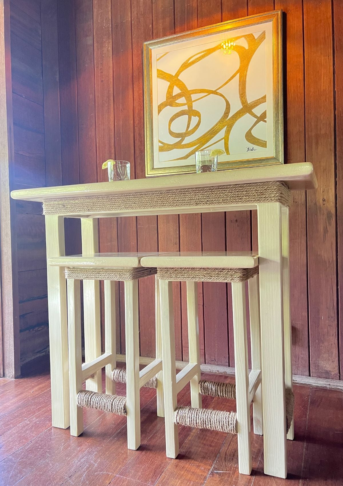 Handmade Natural Tone Bar Table and Stool Set with Twine Detail