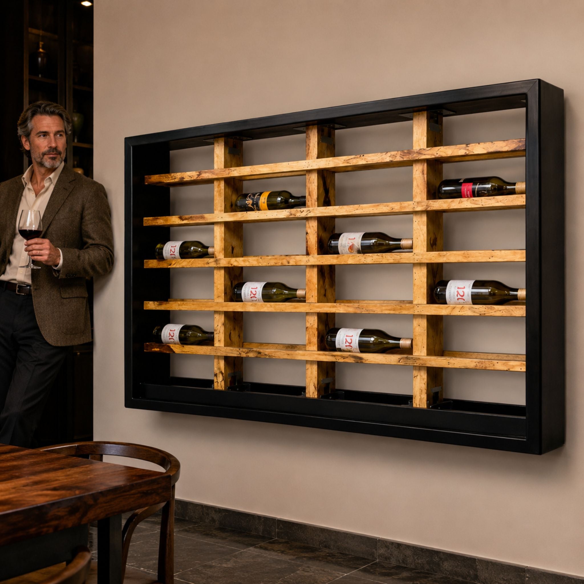 Large wall-mounted wine rack shown in context for scale in a refined wine room or bar interior