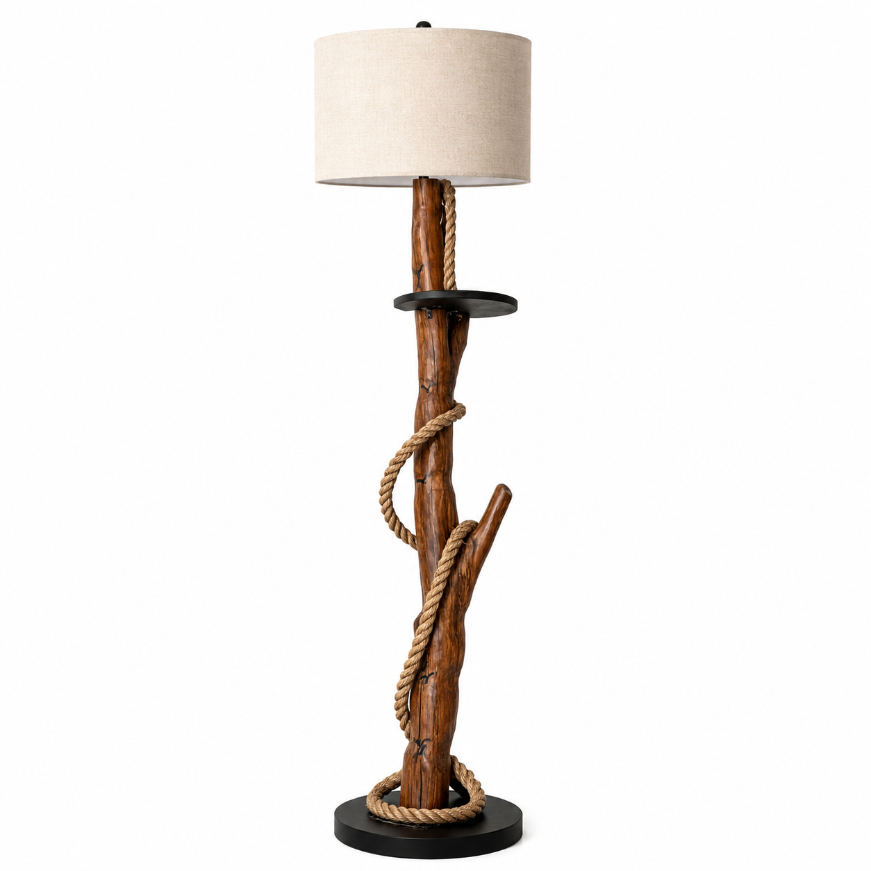Wood and Rope Floor Lamp with Plant Shelf