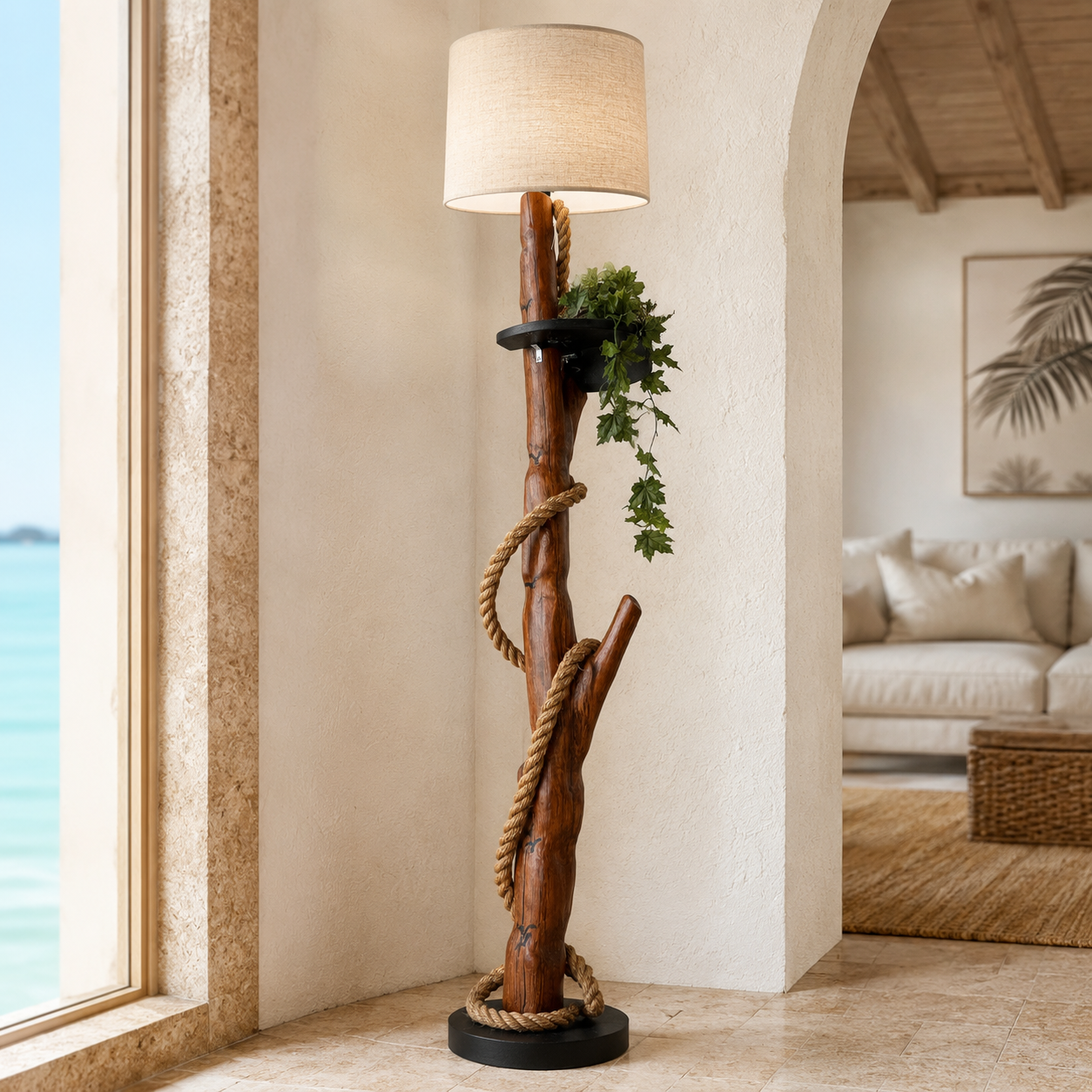 Wood and Rope Floor Lamp with Plant Shelf