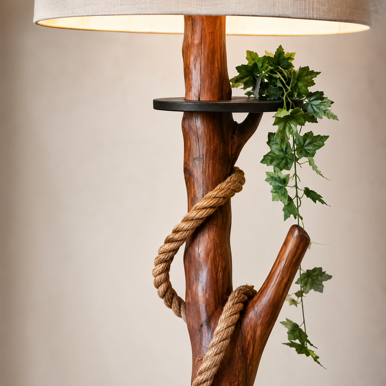 Wood and Rope Floor Lamp with Plant Shelf