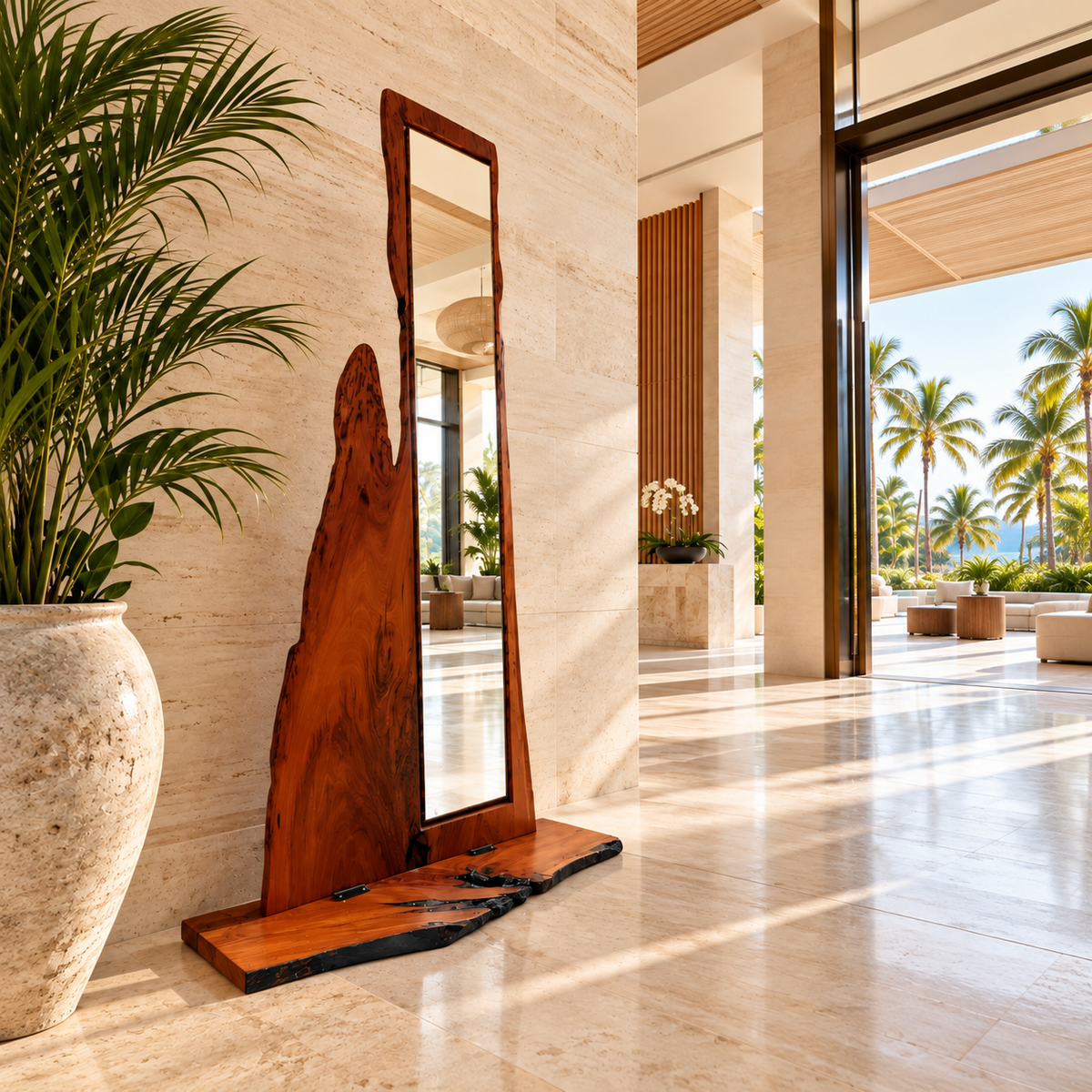 A tall full-length mirror with a rustic live-edge wooden frame leans against a beige stone wall in a bright modern lobby. Large potted palm plants are visible on the left, and an open patio with palm trees and outdoor seating is visible on the right.