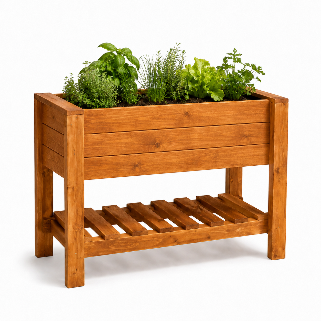 A rectangular wooden raised garden bed planter with a lower shelf, filled with green herbs and plants, photographed on a clean white background.