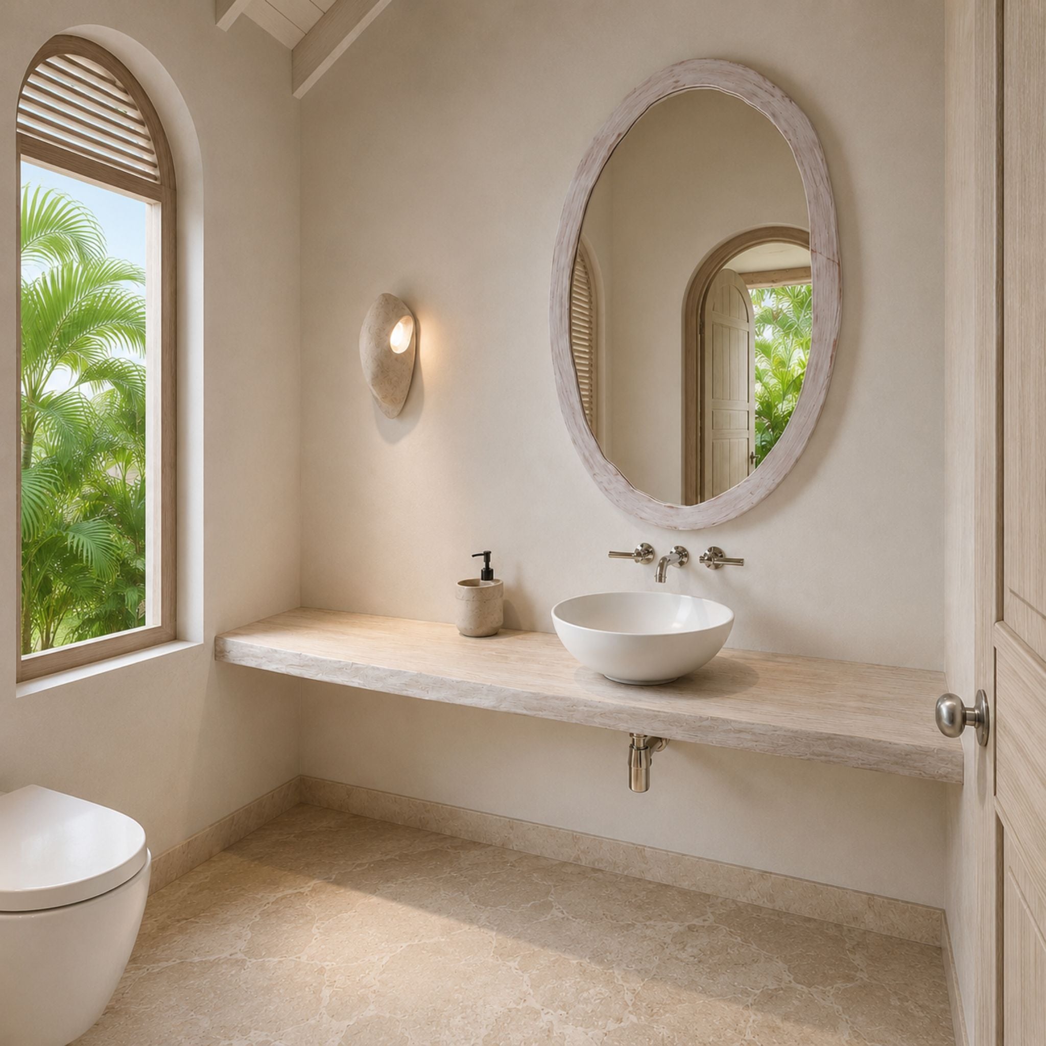 Custom Mahogany Vanity Top, Vessel Sink & Organic Oval Mirror