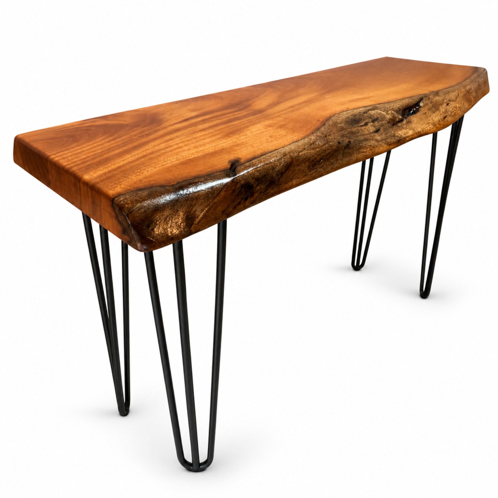Live-edge entry console table with black hairpin legs handcrafted in Barbados by RJMCLEAN on a white background.