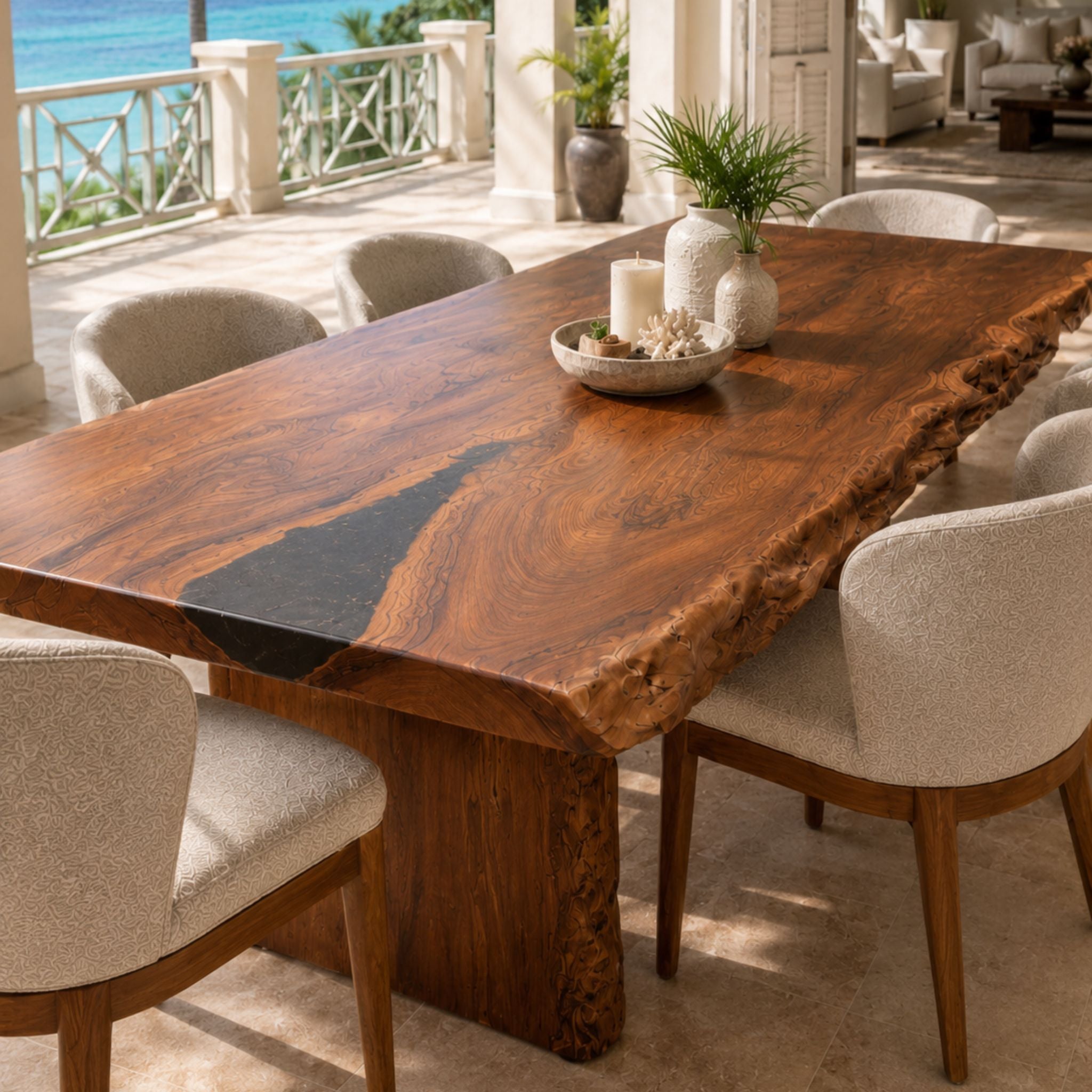 Luxury mahogany dining table styled in a Barbados villa dining room with ocean view