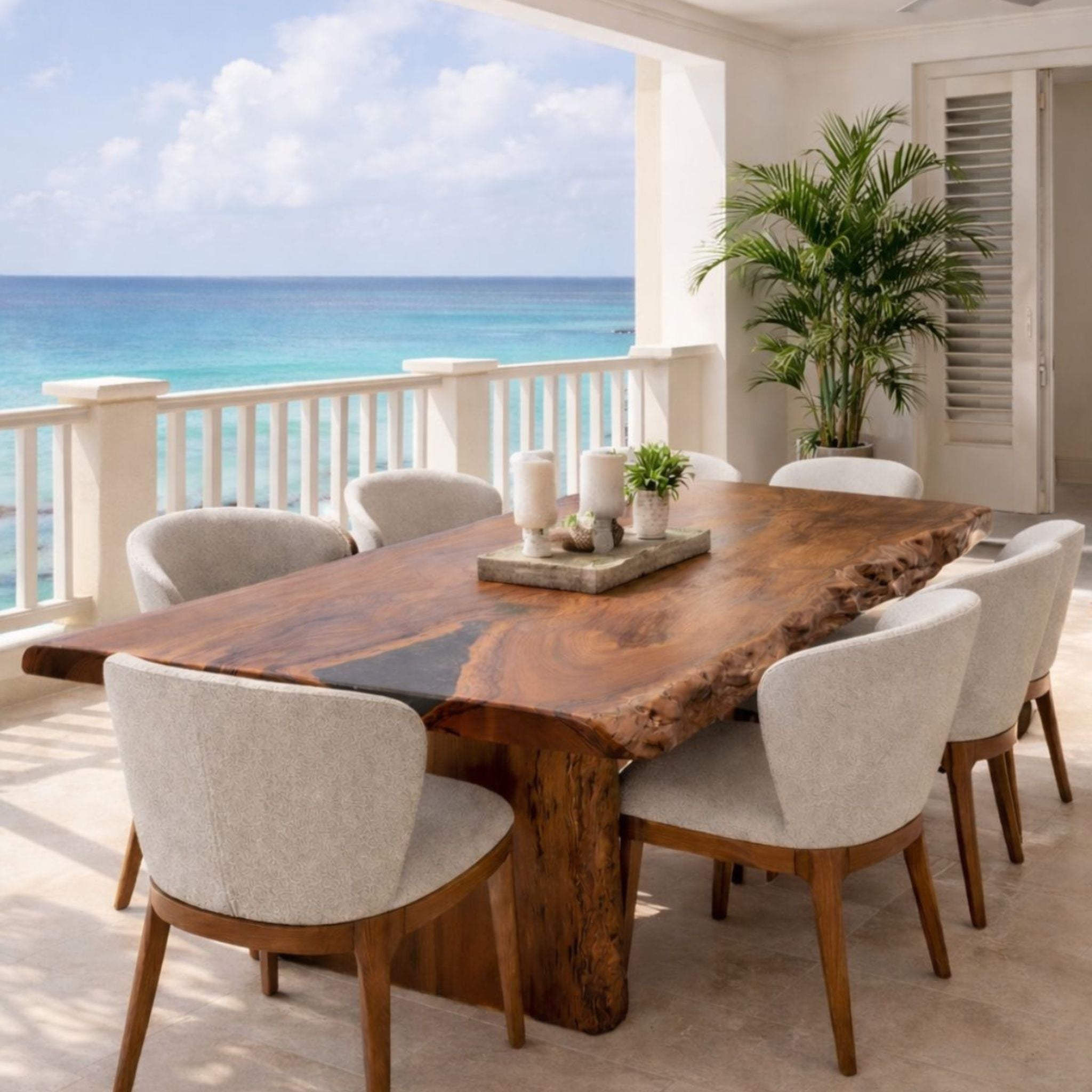 Handmade solid wood dining table for luxury Barbados villa interiors