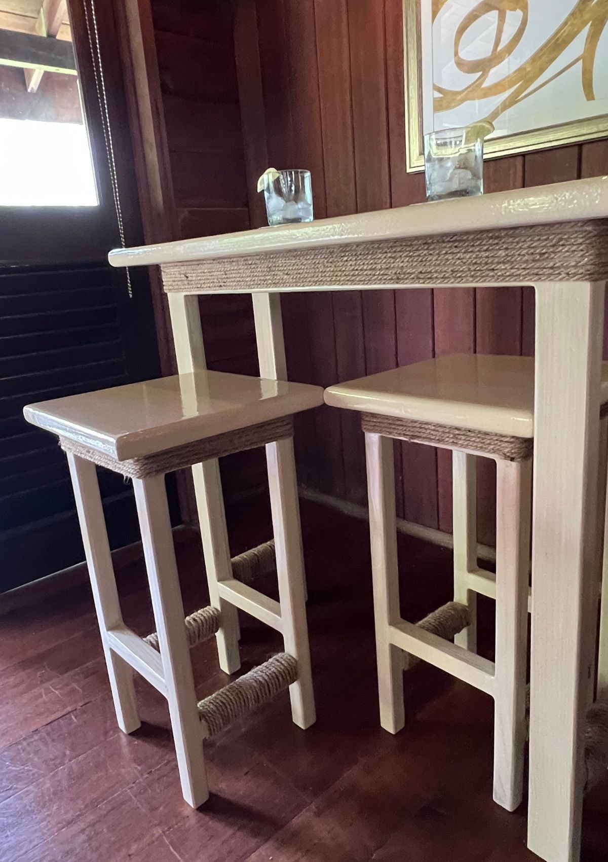 Handmade Natural Tone Bar Table and Stool Set with Twine Detail