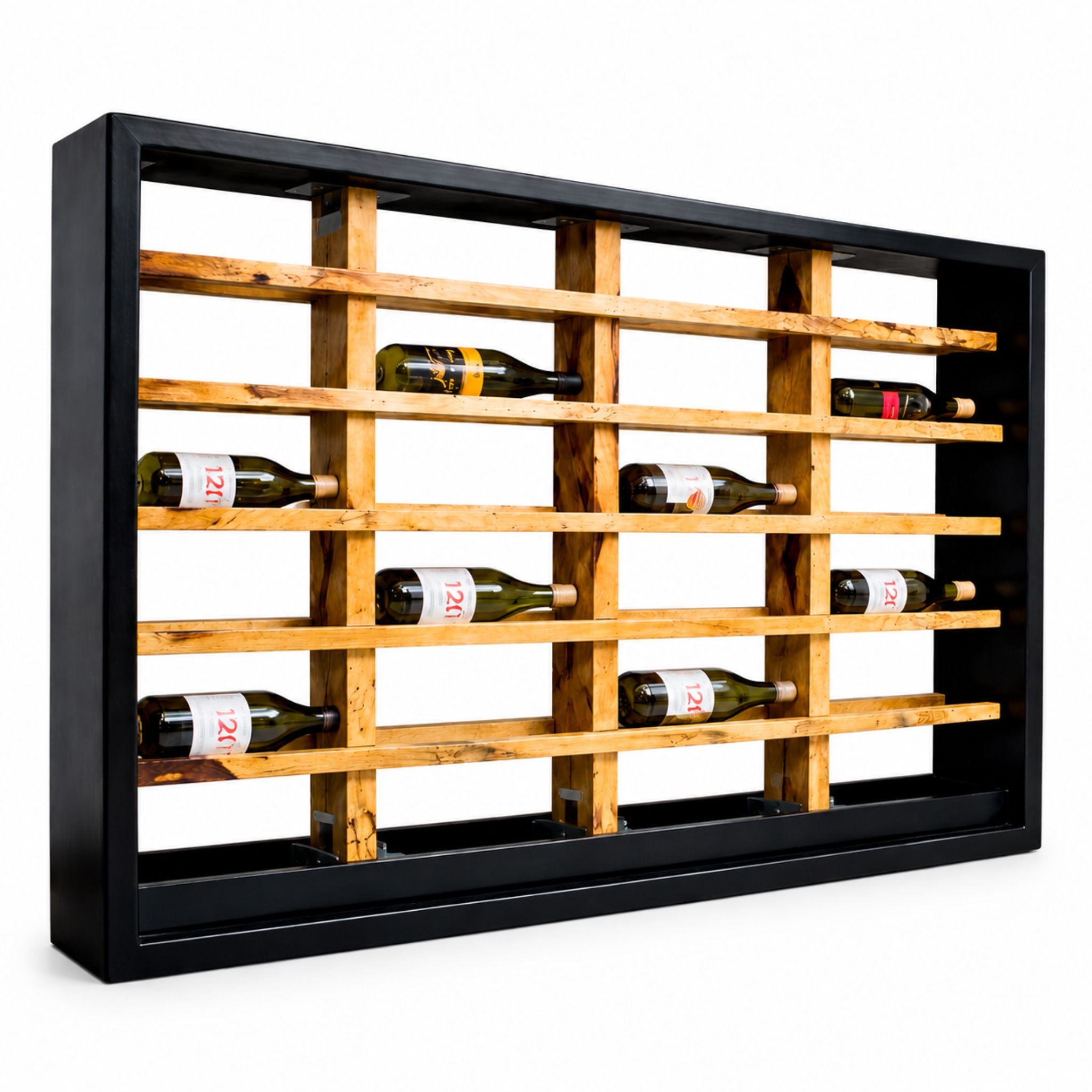 Architectural wall-mounted wine rack with natural wood rails and black frame handcrafted in Barbados by RJMCLEAN