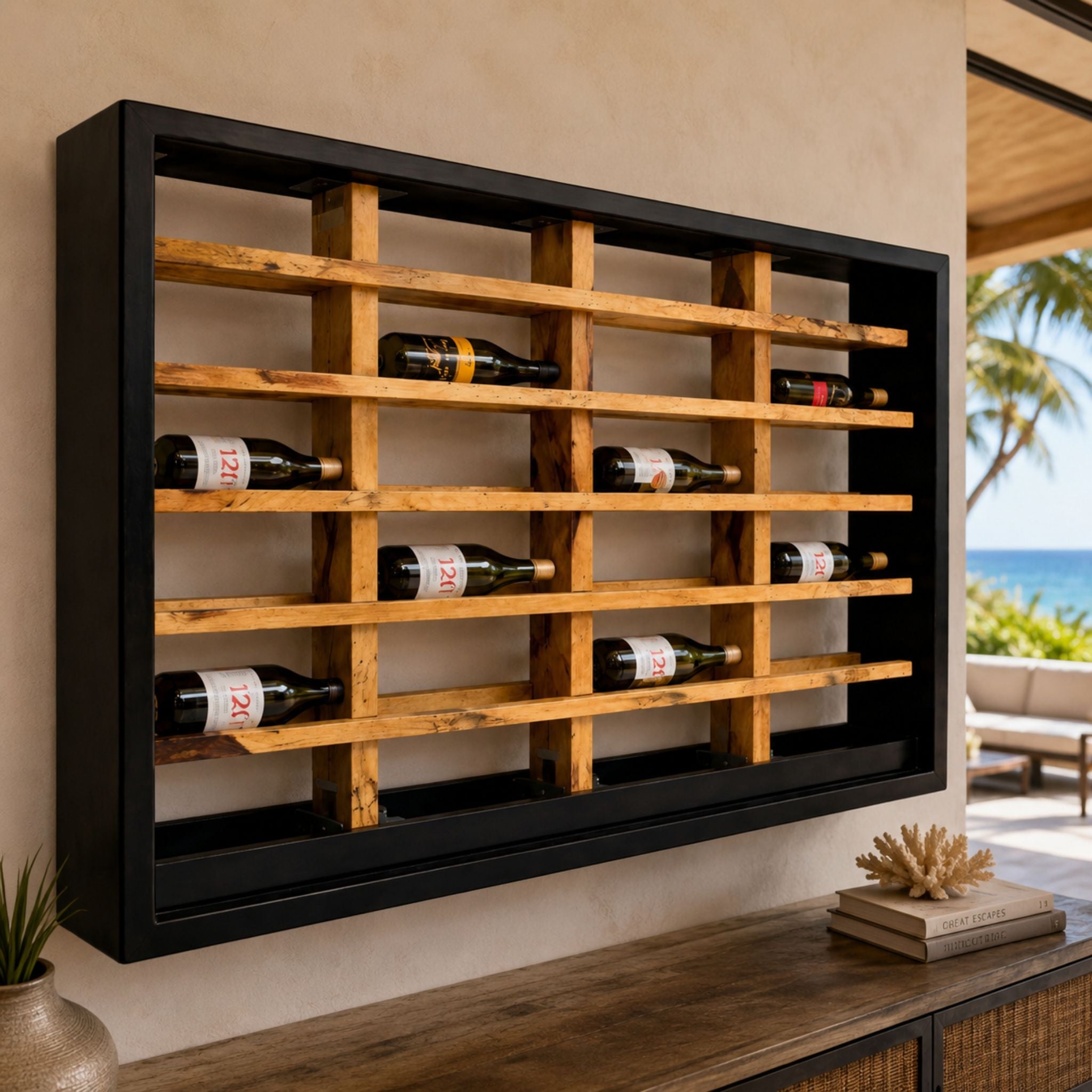 Wall-mounted wooden wine rack styled in a luxury Barbados villa bar and entertaining space