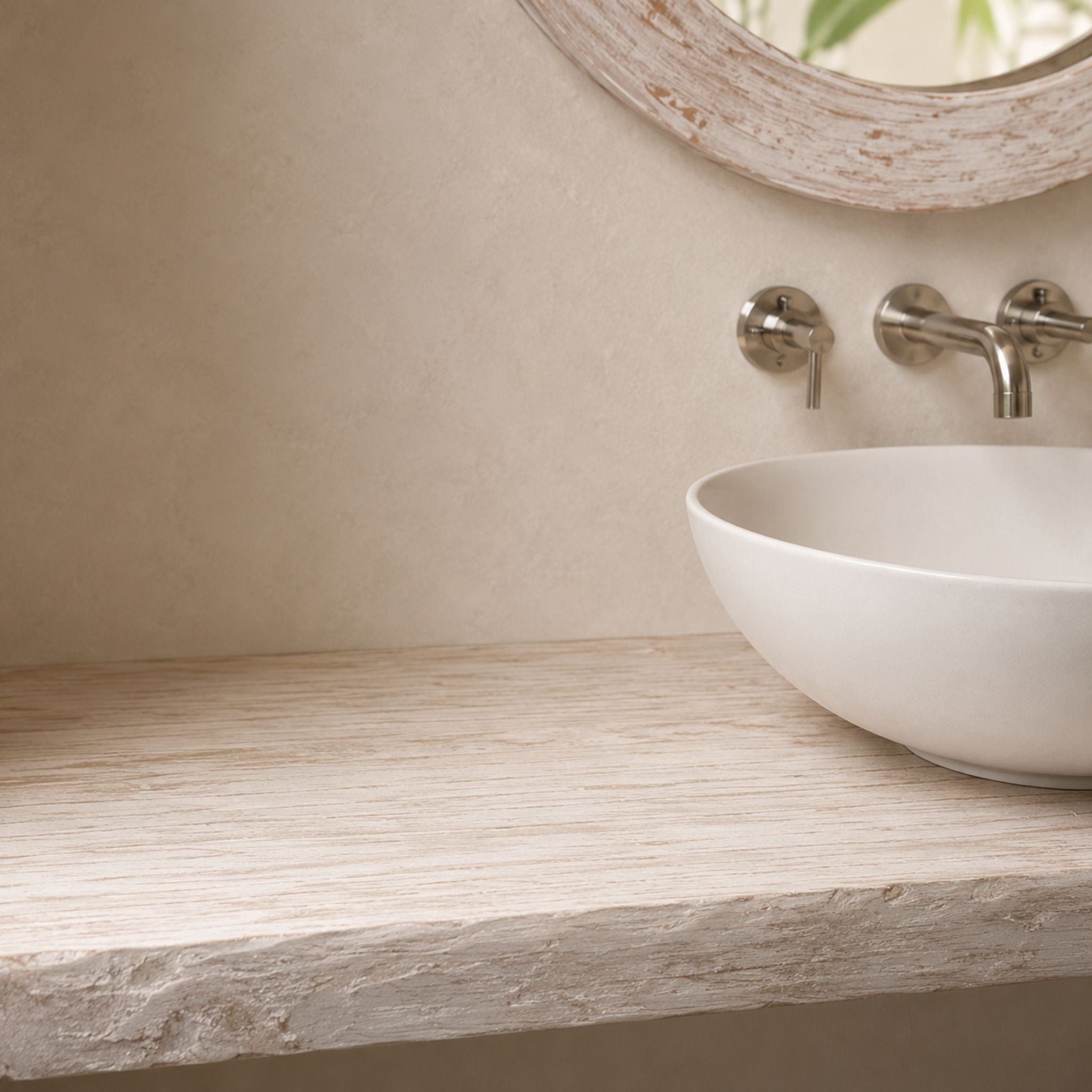 Custom Mahogany Vanity Top, Vessel Sink & Organic Oval Mirror