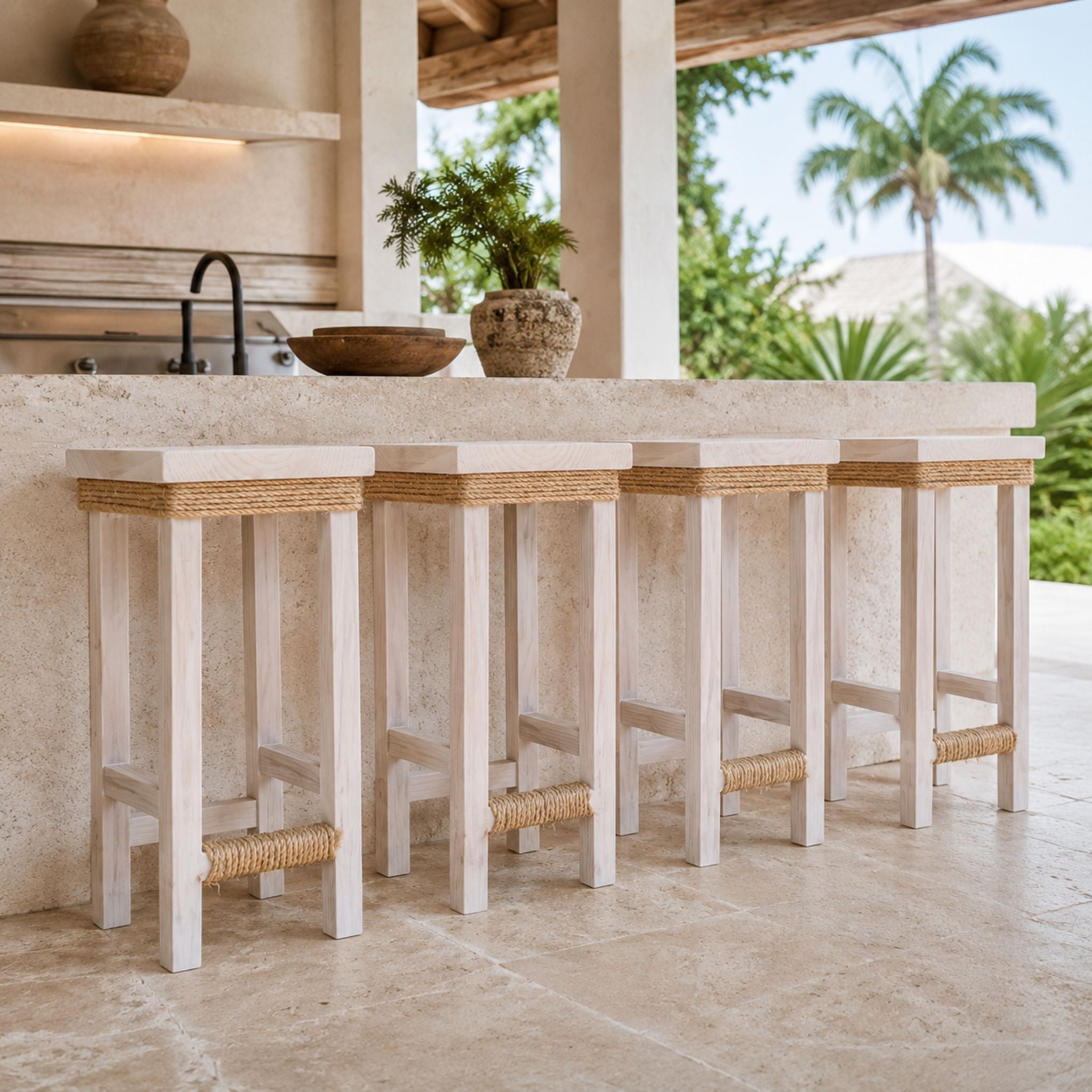 Whitewashed Rope Detail Bar Stools