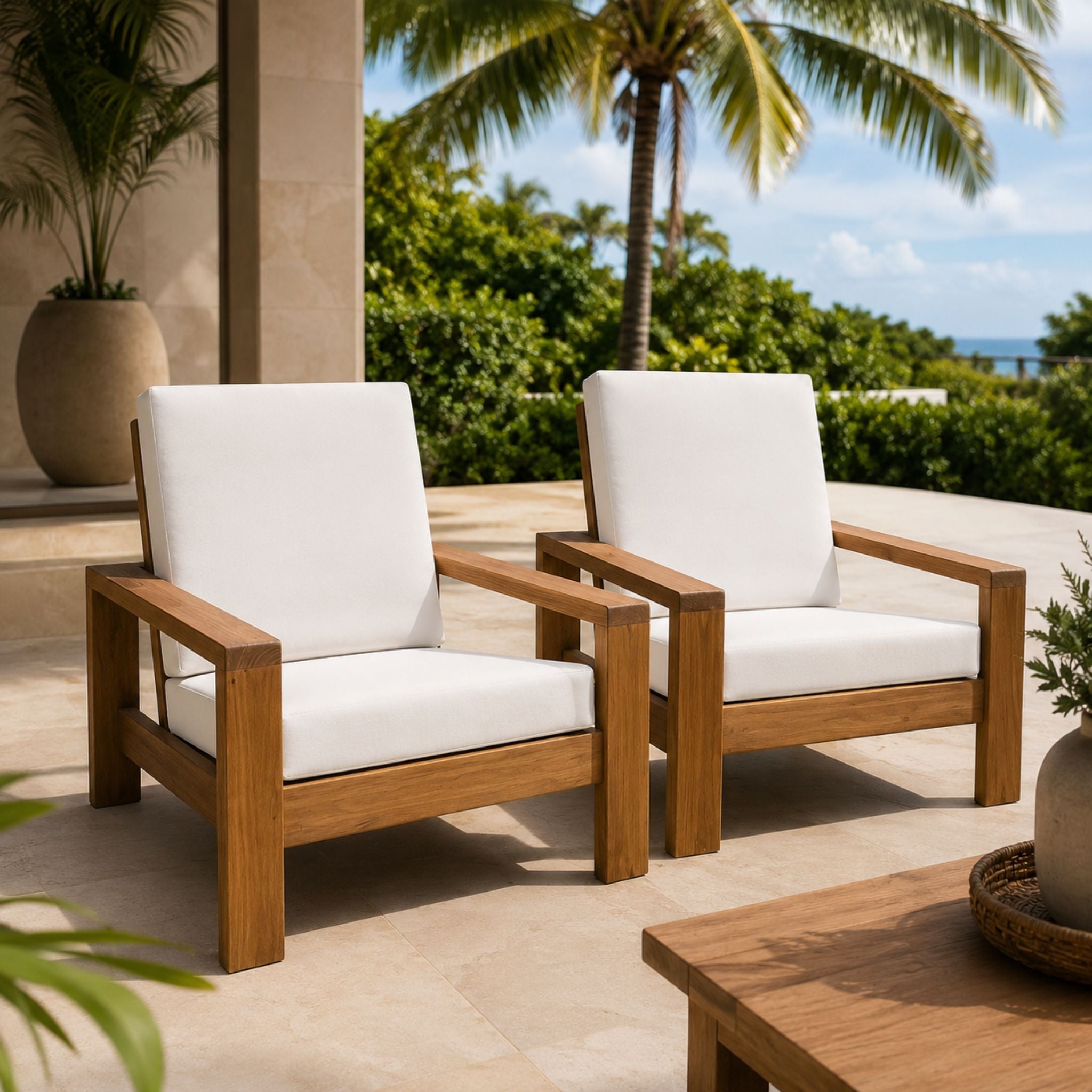 Outdoor Lounge Chairs with White Cushions