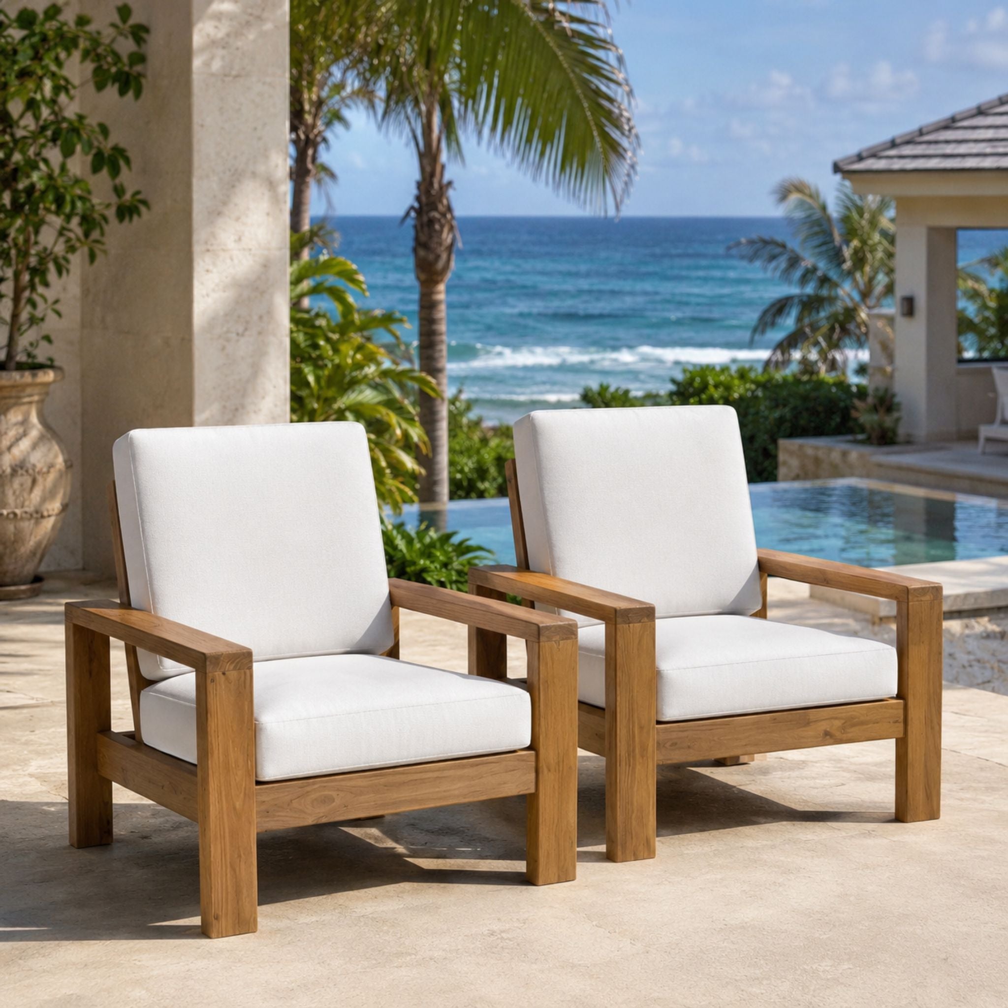 Outdoor Lounge Chairs with White Cushions
